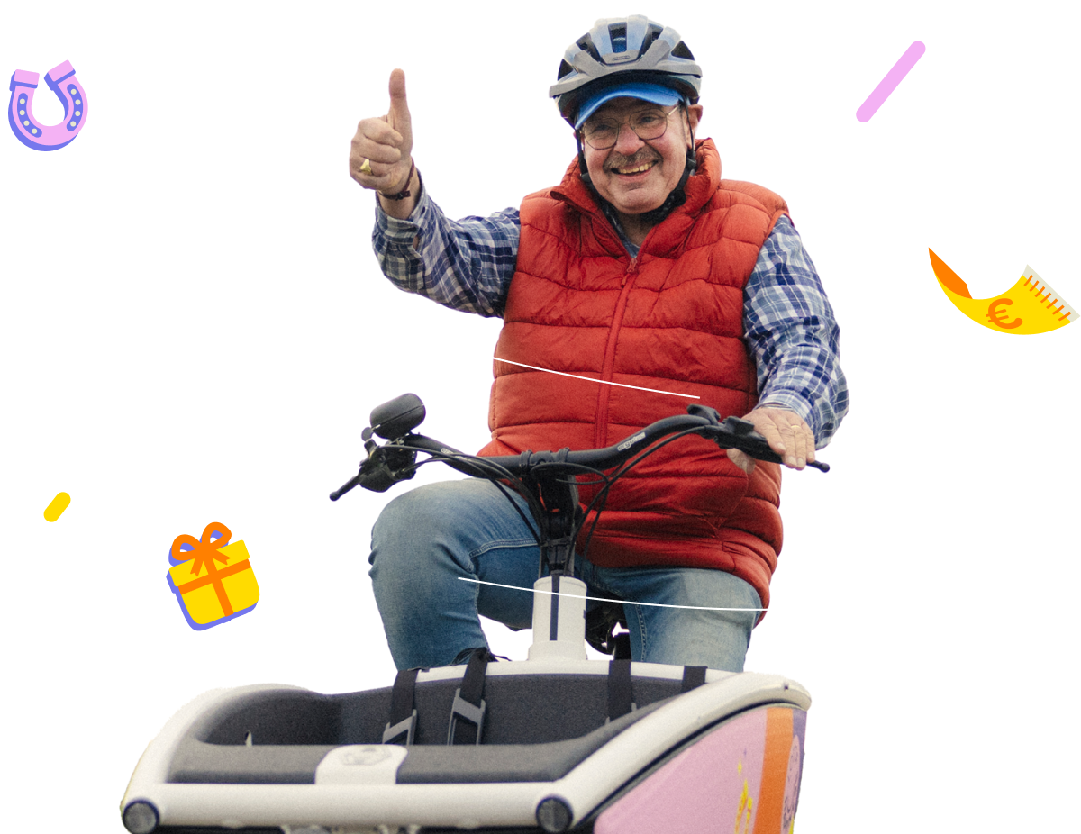 Win-winnaar Joop op de Lot of Happiness bakfiets